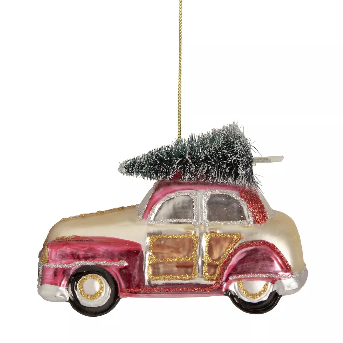 5" Red and Gold Glitter Car with Christmas Tree Glass Ornament | Kohl's
