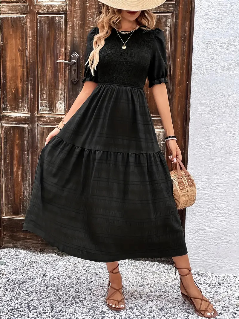 Solid Shirred Crew Neck Tiered Dress Casual Short Sleeve - Temu | Temu Affiliate Program