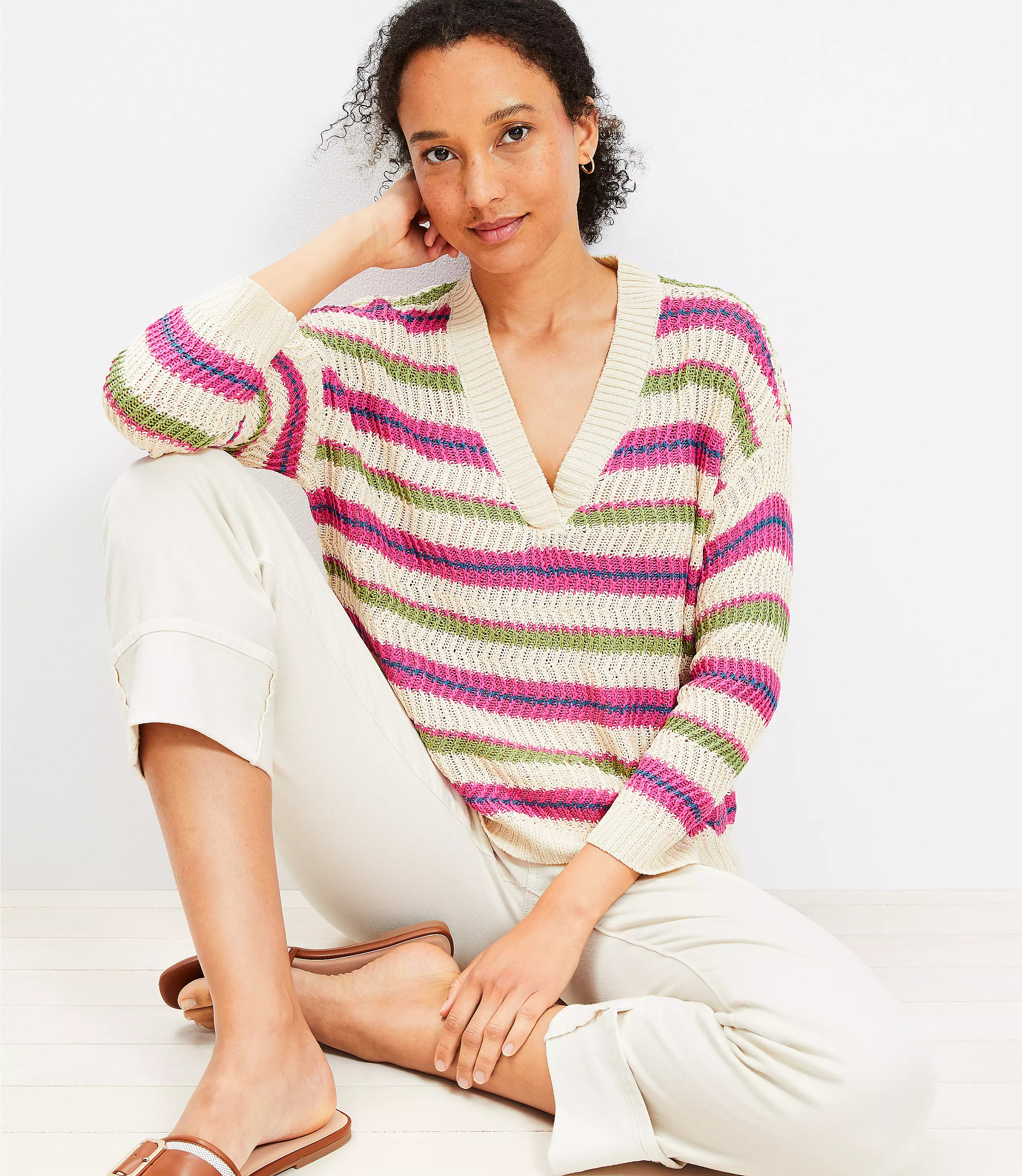 Textured Stripe V-Neck Sweater | LOFT