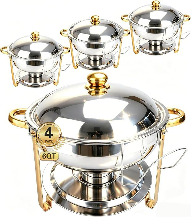 Chafing Dishes for Buffet 4 Pack, 6QT Round Chafing Dish Buffet Set Stainless Steel Buffet Food W... | Amazon (US)