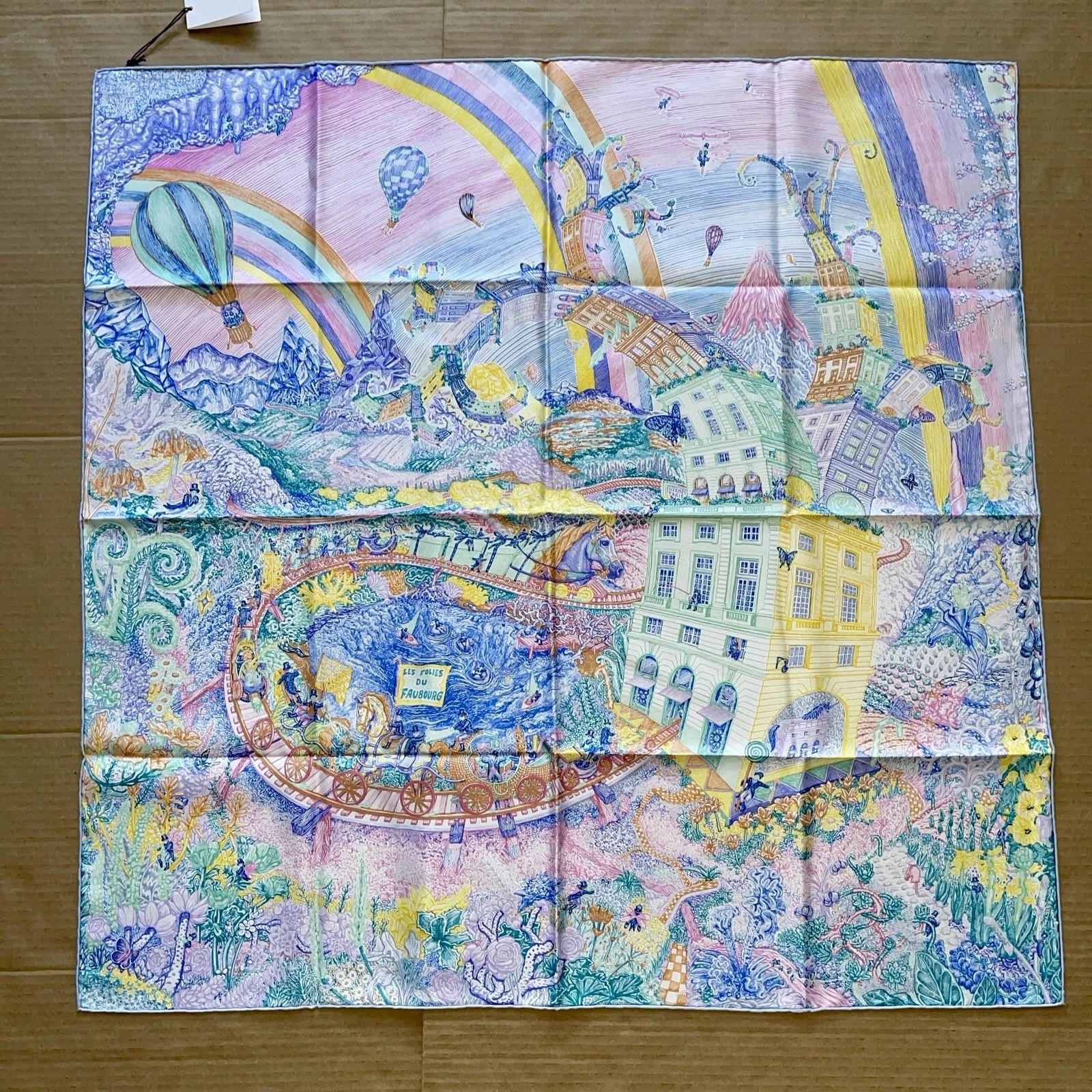 New Hermes Silk Les Folies du Faubourg scarf 90 34"x34" green blue Pink Yellow | eBay US
