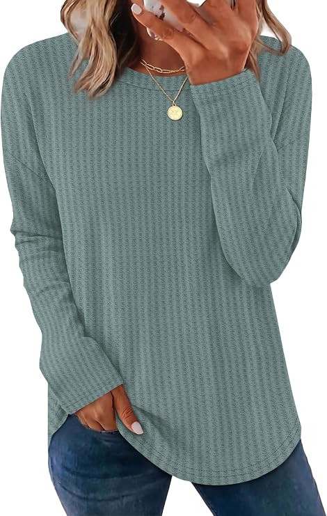 OFEEFAN Fall Tops for Women Trendy Long Sleeve Shirts Waffle Knit Crew Neck Tops Curved Hem Fashi... | Amazon (US)