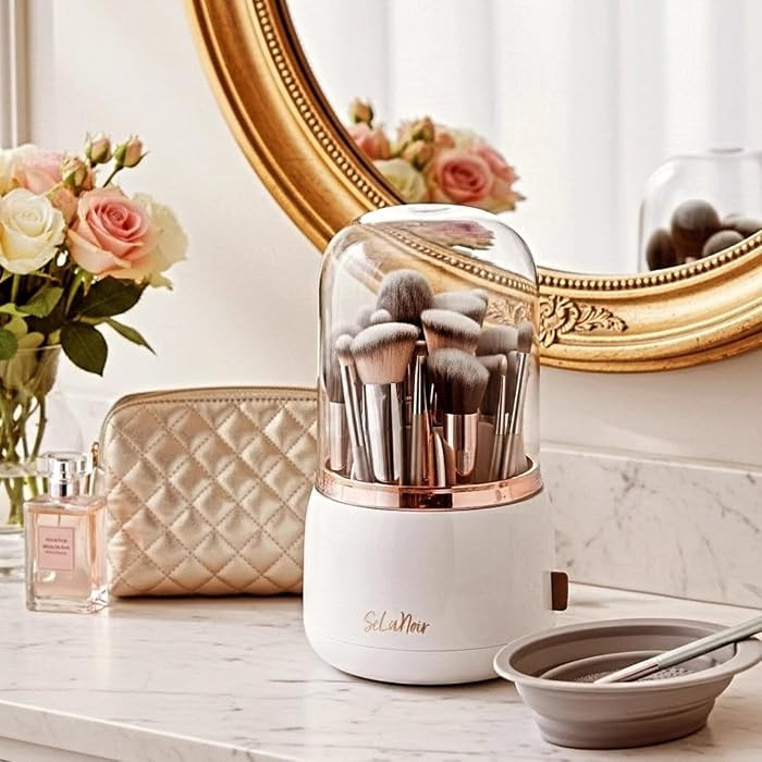 Rotating Makeup Brush Holder with Lid Dustproof Vanity Organizer for Makeup Brushes, Bonus Foldab... | Amazon (US)