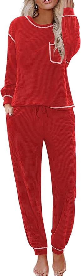 Ekouaer Womens Pajamas Set Waffle Knit Long Sleeve Lounge Set 2 Piece Pj Loungewear Sleepwear S-X... | Amazon (US)