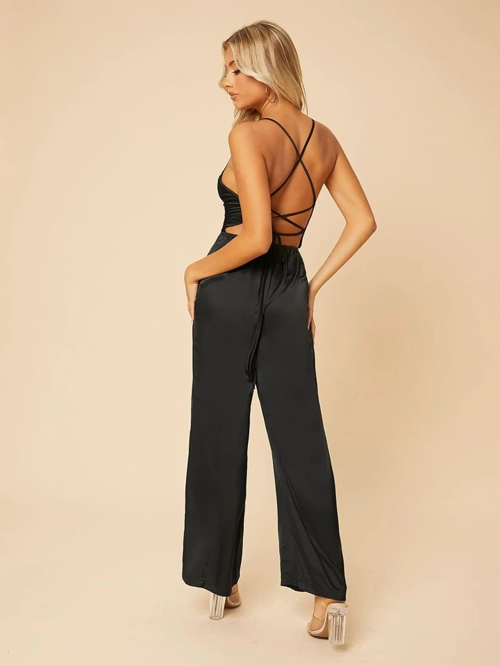 SHEIN PETITE Solid Criss Cross Backless Lace Up Jumpsuit | SHEIN