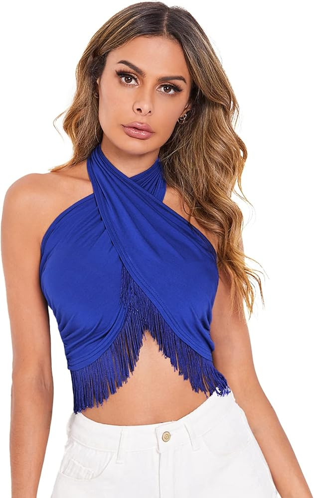 Verdusa Women's Fringe Trim Criss Cross Wrap Tie Knot Crop Halter Top | Amazon (US)