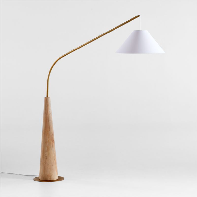 Gibson Wood Hanging Arc Floor Lamp + White Shade + Reviews | Crate and Barrel | Crate & Barrel