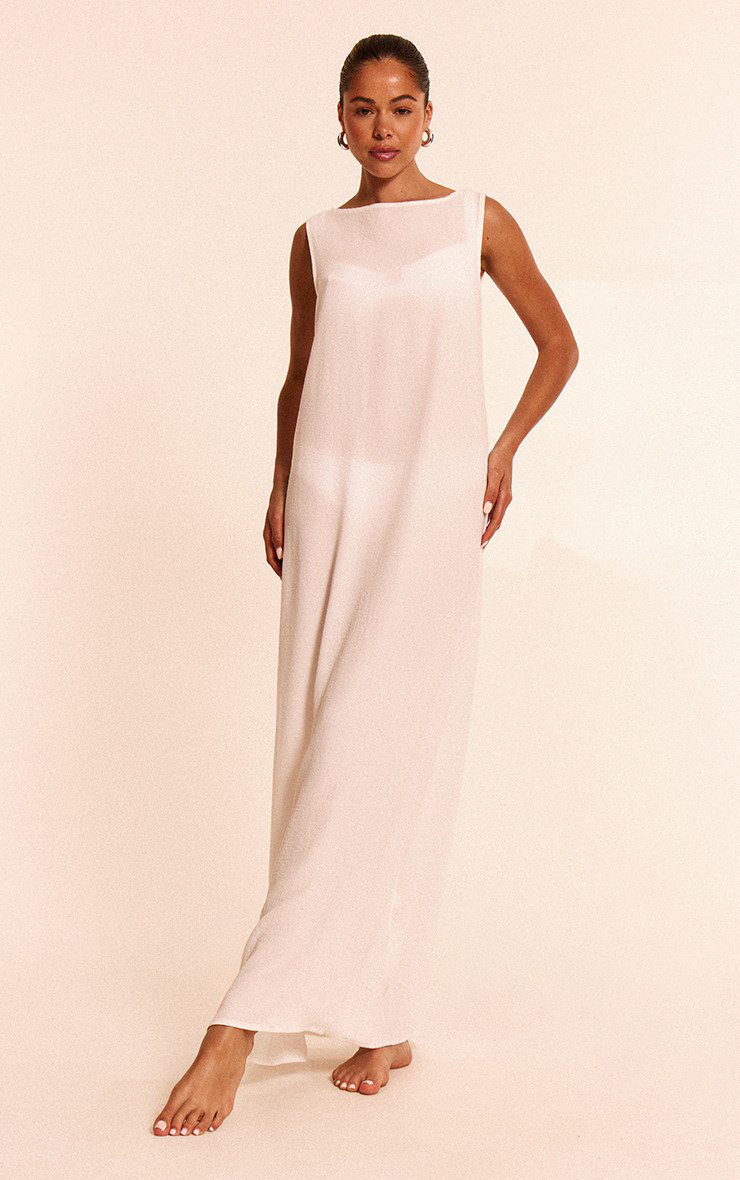 White Floaty Woven Boat Neck Maxi Beach Dress | PrettyLittleThing US