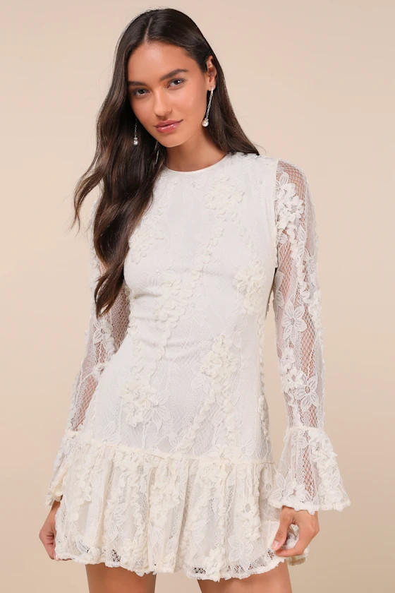 Darling Era Ivory Lace Applique Long Sleeve Ruffled Mini Dress | Lulus