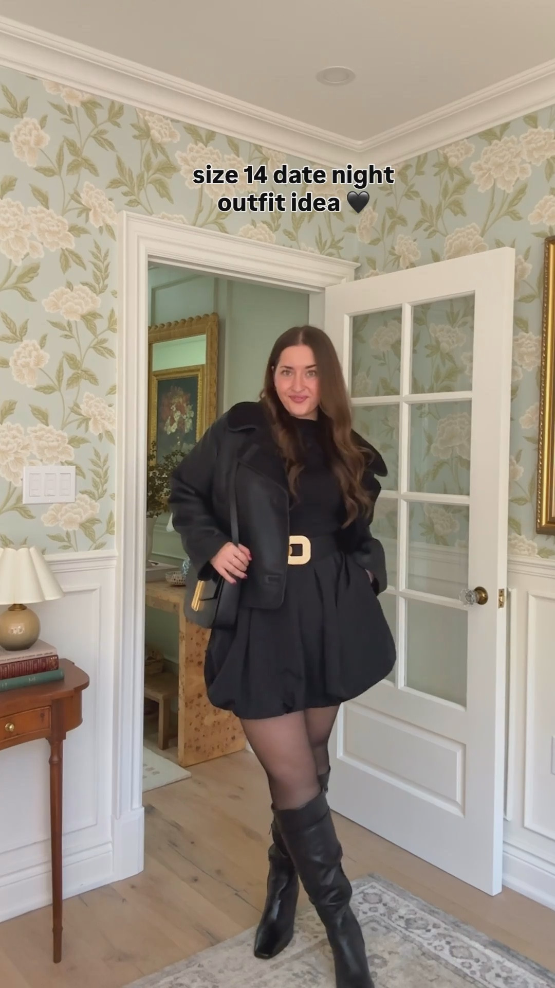 Fall outfit / winter outfit / all black outfit / holiday party / tights outfit / midsize / wide-calf boots / bubble skirt / boot outfit / moto jacket outfitt

Sizing: jacket, top & tights in XL / skirt & shaper in XL / belt in 33-37"

#LTKmidsize #LTKwinter #LTKcurves