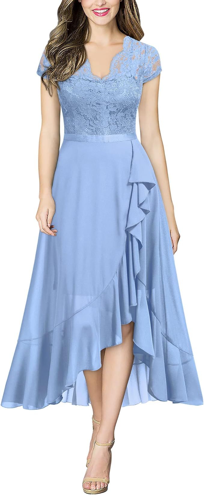 Miusol Women's V Neck Elegant Lace Ruffle Bridesmaid Maxi Dress | Amazon (US)