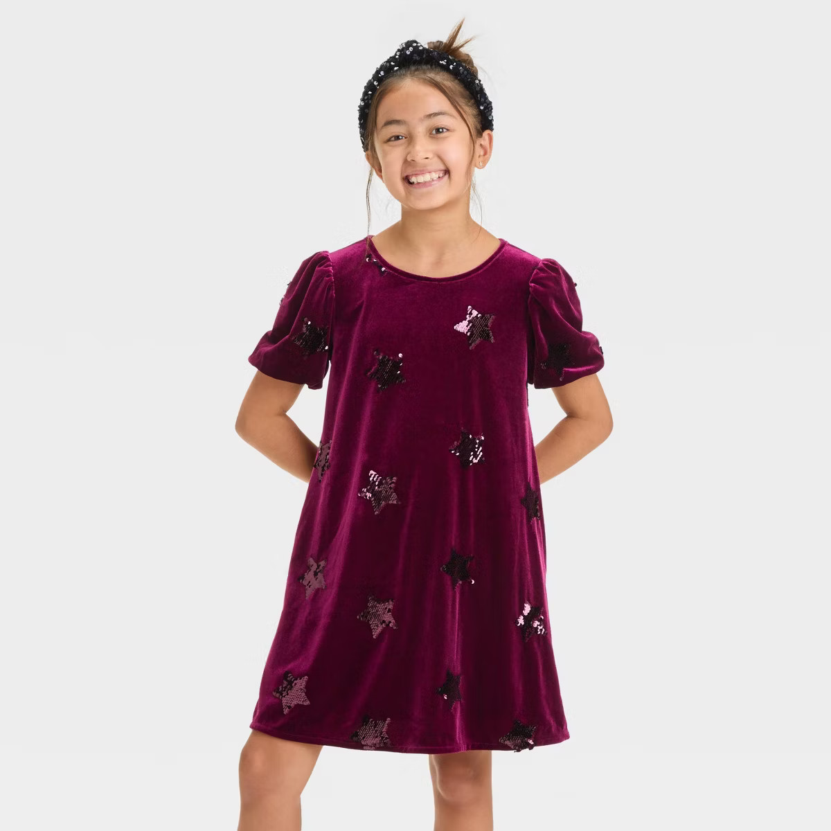 Girls' Short Sleeve Sequin 'Star' Velour Dress - Cat & Jack™ Burgundy | Target