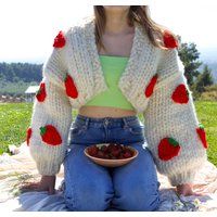 strawberry Cardigan, Chunky 3D Hand Knit Merino Wool Cardigan | Etsy (CAD)