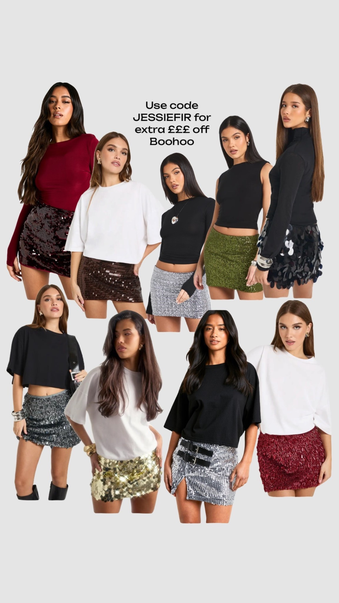 Use code JESSIEFIR for extra £££ off Boohoo (works on sale items)

• Christmas party outfits night out outfit going out sequin red skirt black olive green silver buckle mini skirt embellished burgundy disc skirt date night pub uk New Year’s Eve winter outfit gift guide gifts for her festive •

#LTKwinter #LTKfestive #LTKpartywear