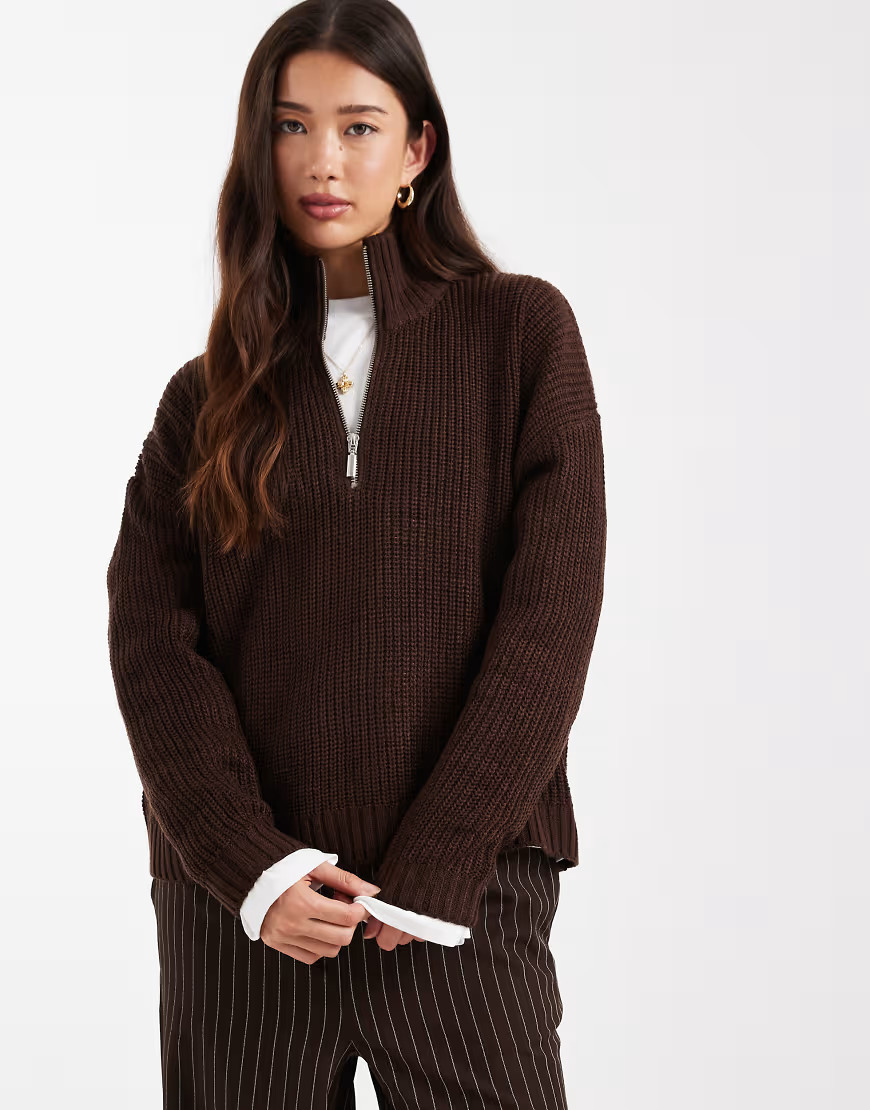 Brave Soul chunky knit quarter zip jumper in brown-Grey | ASOS (Global)