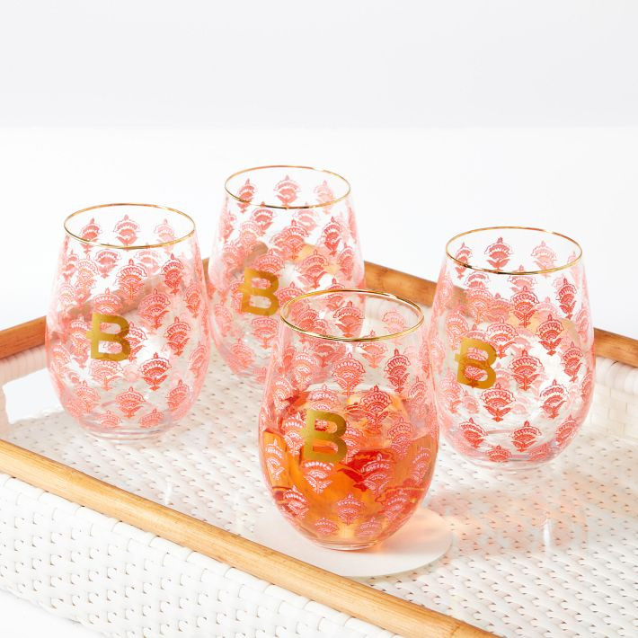 Block Print Stemless Wine Glasses, Set of 4 | Mark and Graham