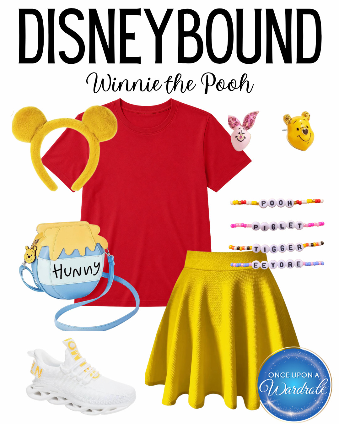 A Winnie the Pooh Disneybound with a classic red tee, golden yellow skirt, white sneakers and Hundred Acre Wood-inspired accessories. The honey pot bag, Pooh ears, character earrings and friendship bracelets make this a fun look for Magic Kingdom, Disney character dining, Disney Cruise Line or a nostalgic park day. 

 #LTKootd #LTKmomlife #LTKTravel