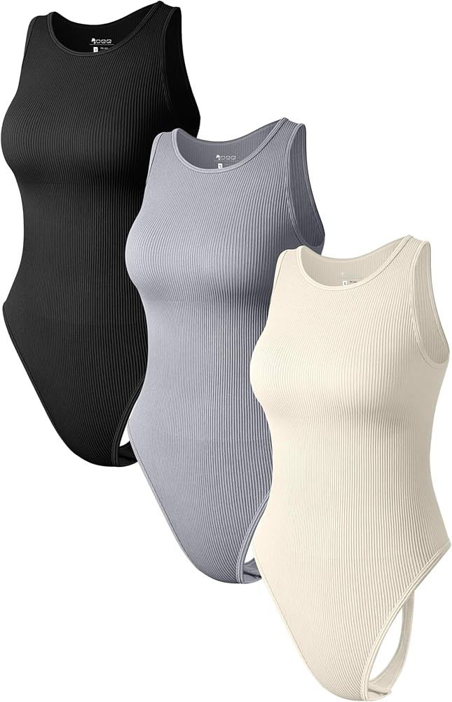 OQQ Women 3 Piece Bodysuits Sexy Ribbed Sleeveless Halter Neck Basic Thongs Bodysuits | Amazon (US)