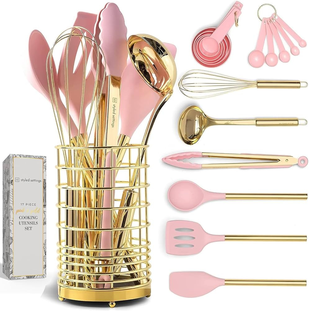 Pink and Gold Kitchen Utensils Set - 17-Piece Kitchen Tools Include Silicone Cooking Utensils, Sp... | Amazon (US)