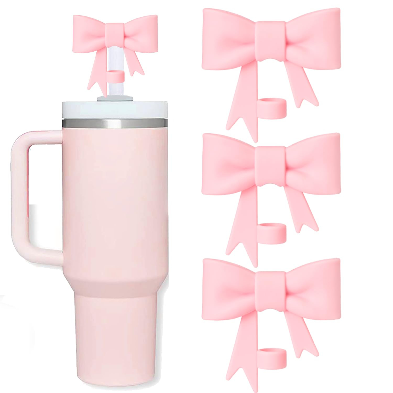Bow Straw Covers Cap Toppers Compatible with Stanley Tumbler Cups, Cute Pink 10mm Reusable Silico... | Amazon (US)