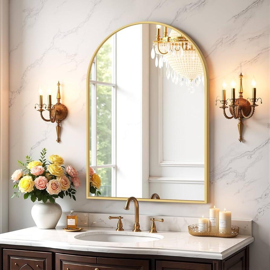 Bathroom Mirror for Wall, 30x20 Inch Arched Mirror, Matte Gold Metal Framed Bathroom Vanity Mirro... | Amazon (US)