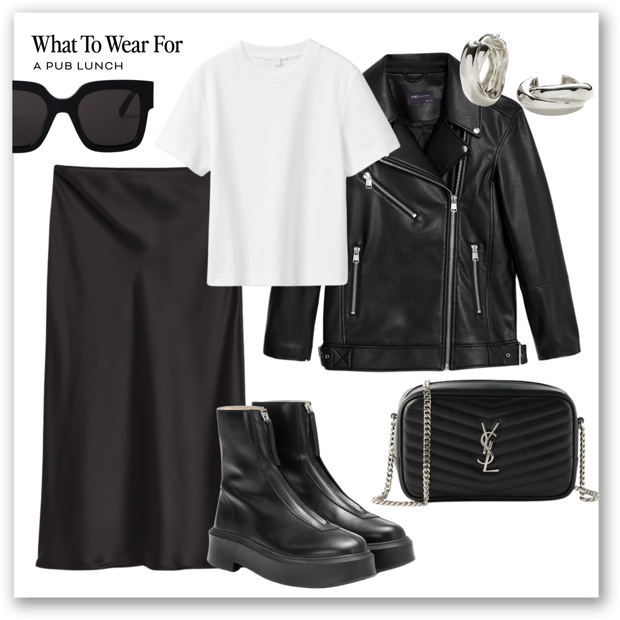Styling a black satin midi skirt 

Leather jacket, chunky boots, saint Laurent, white T-shirt, silver hoops, autumn 

#LTKSeasonal #LTKshoecrush #LTKstyletip