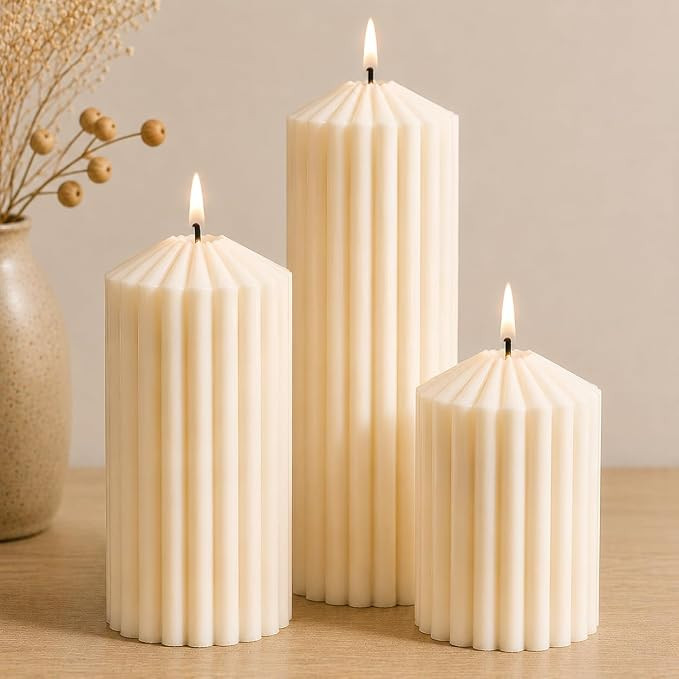 3 Pack Cream White Ribbed Pillar Candles-Natural Soy Wax Unscented,Non-Toxic,Smokeless Large Cand... | Amazon (US)