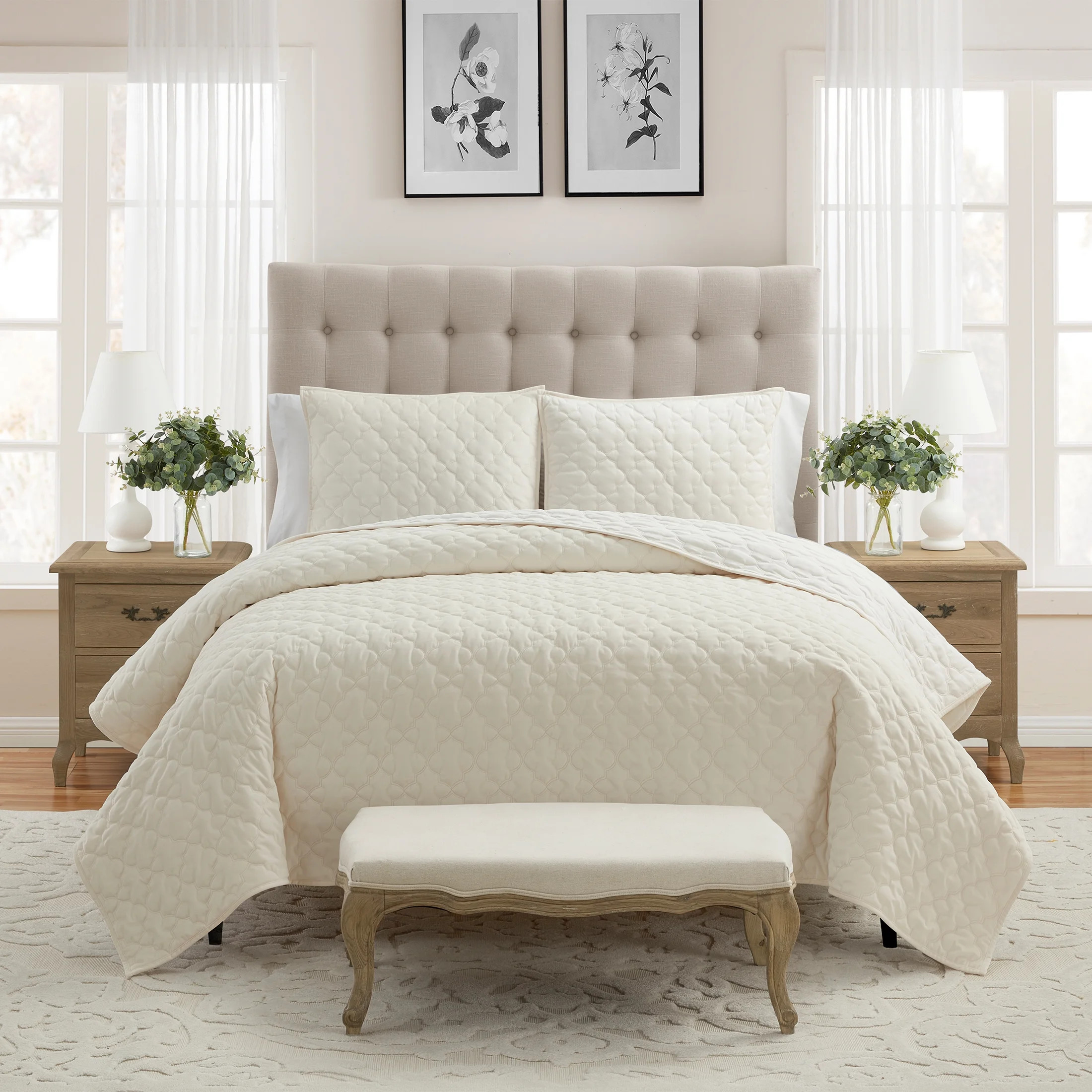 My Texas House Charlotte 3-piece Trellis Velvet Quilt Set, King, Off White | Walmart (US)