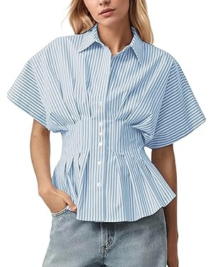 Casual Striped Button Down Shirts for Women Lapel V Neck Pleated Short Sleeve Blouse Peplum Tops ... | Amazon (US)