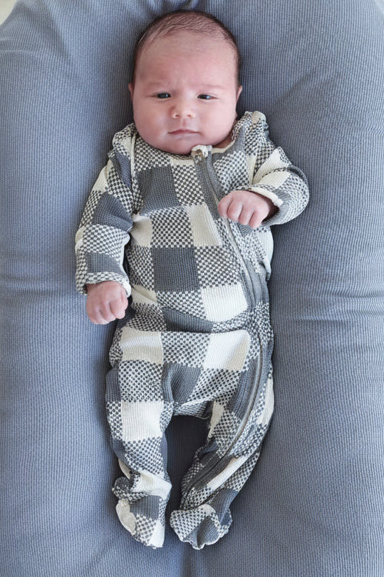 Big Check Bamboo Waffle Zipper Footie | Denim | Caden Lane