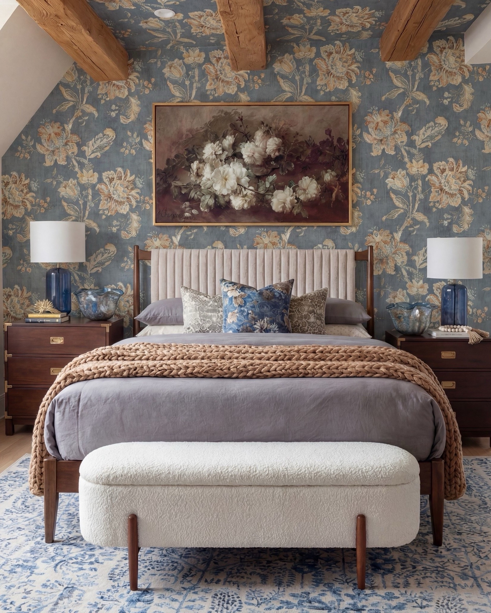 Shop the Look: Bedroom Refresh
• Warm-wood platform bed frame
• Vertical-channel upholstered headboard
• Gray duvet cover + layered sheet set
• Mixed blue + neutral accent pillows
• Oversized chunky knit throw blanket
• Shearling-style upholstered storage bench at the foot of the bed
• Pair of dark-wood campaign-style nightstands with brass hardware
• White drum-shade table lamps with blue glass bases
• Blue decorative bowls
• Bead garland décor
• Stack of books (nightstand styling)
• Framed oversized floral artwork above the bed
• Blue floral wallpaper (full wall + ceiling)
• Exposed wood ceiling beams
• Blue patterned area rug
• Window bench with plaid/tan accent pillows



#LTKSpringSale #LTKSaleAlert

#LTKsale #LTKhome
