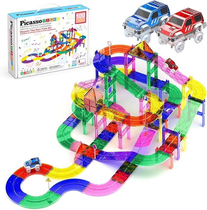 PicassoTiles 100pc Magnetic Tiles Race Track Building Set with LED Cars Adjustable Roads and Sign... | Amazon (US)