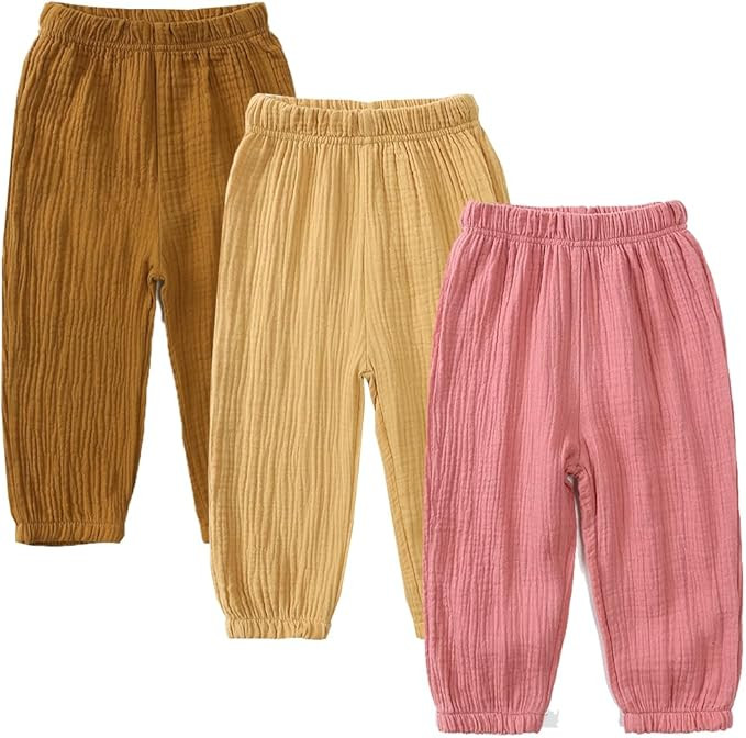 GFQLONG Toddler Baby Girls 3 Pack Elastic Waist Trousers Soft Cotton Linen Harem Bloomers Summer ... | Amazon (US)