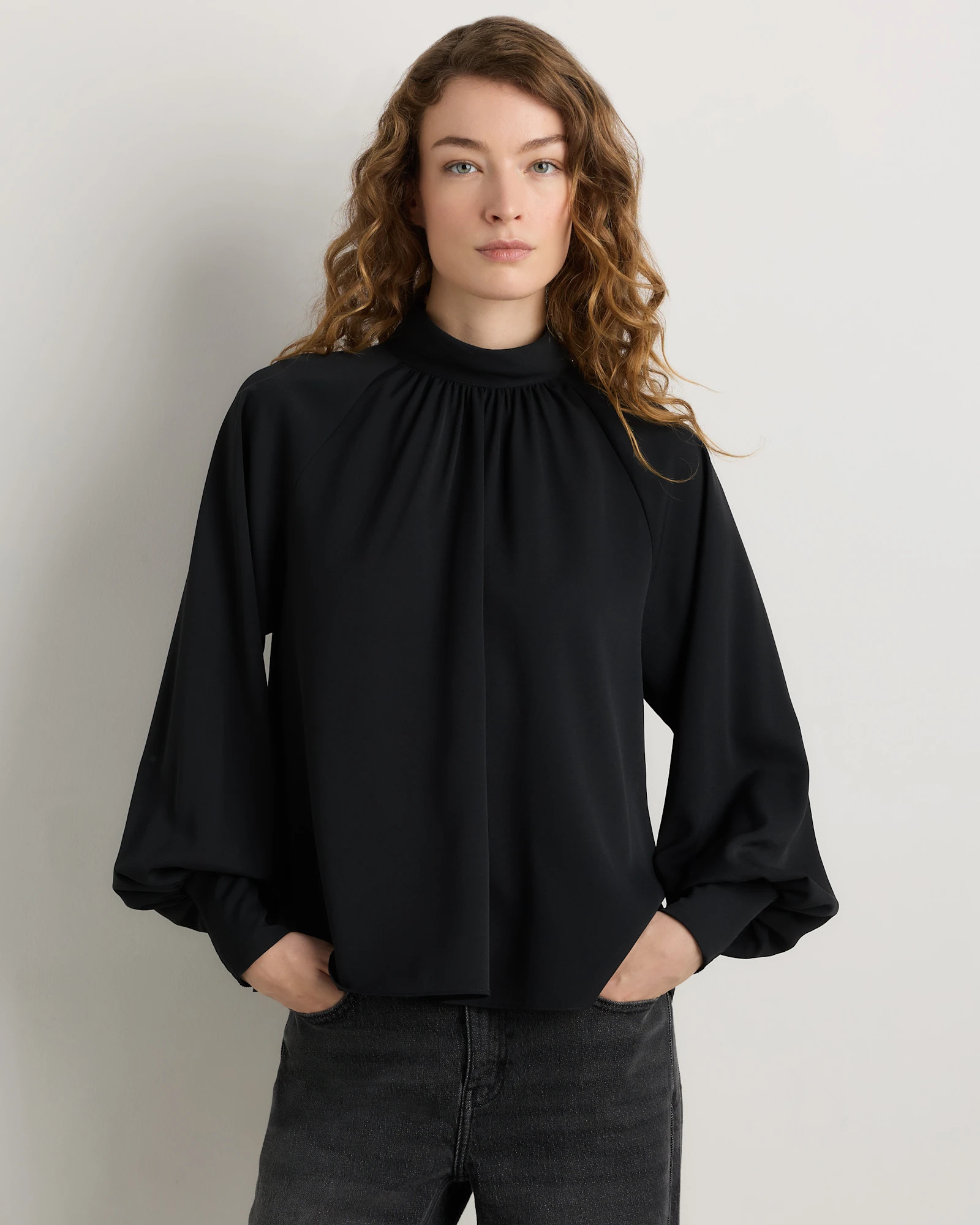 Drapey Chiffon Mock Neck Long Sleeve Blouse | Quince