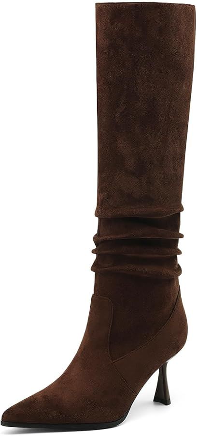 Womens Knee High Boots Suede Slouchy High Heel Boots for Women Pointed Toe Tall Boots Comfort Pul... | Amazon (US)