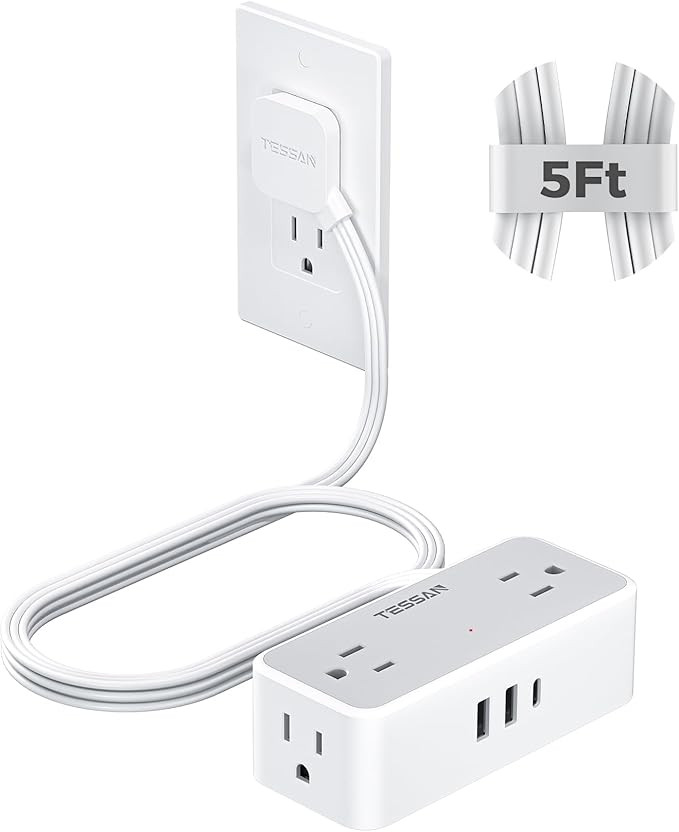 TESSAN Flat Plug Extension Cord 5 FT, Surge Protector Power Strip with 4 AC Outlets 1 USB C and 2... | Amazon (US)