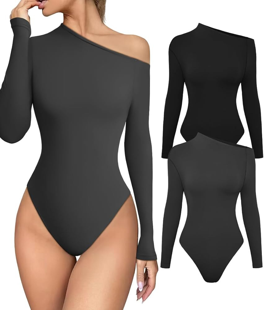 HYZ Women's 2 Piece Going Out Leotards Long Sleeve Slim Fit Comfy Bodysuit Tops | Amazon (US)