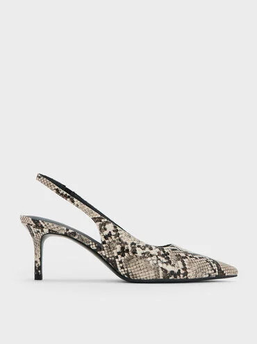 Kaia Snake-Print Pointed-Toe Slingback Pumps
    
         - Animal Print Natural | Charles & Keith AU