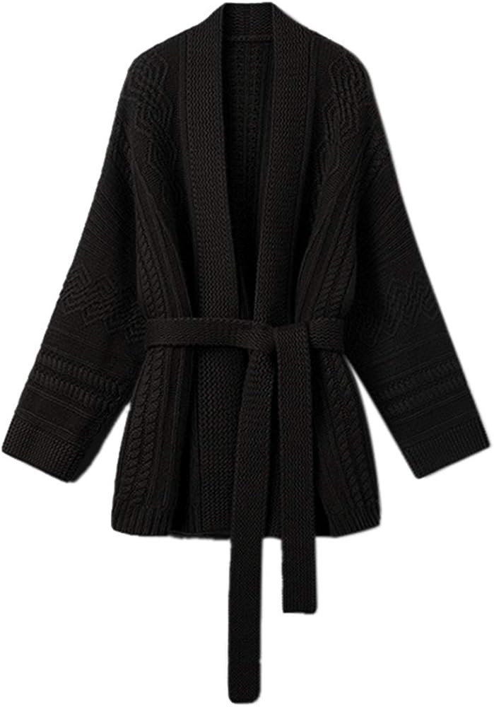 Mid-Length Merino Wool Blend Open Cardigan Long Sleeve Cable Knitted Sweater for Women | Amazon (US)