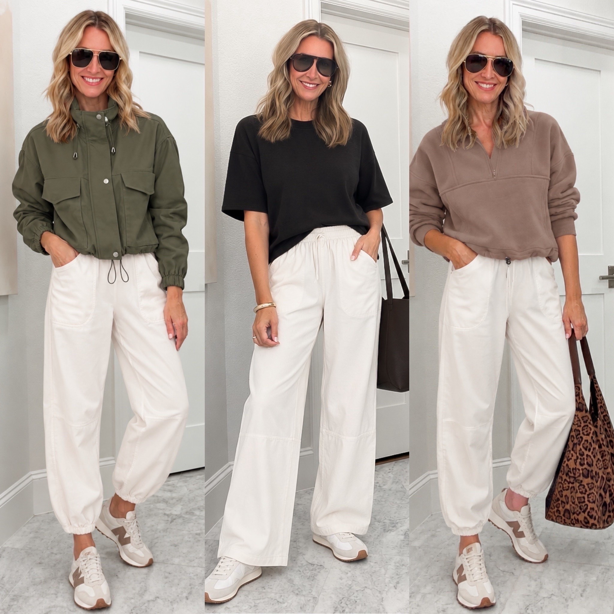 Three ways to style white casual pants for fall, and I love how different each outfit feels! The olive utility jacket, black short sleeve top, and taupe quarter zip all work beautifully with these relaxed white pants. A good reminder that white bottoms aren't just for summer, especially when paired with darker fall neutrals and sneakers.
white pants outfit, white wide leg pants, white joggers, fall outfits with white pants, casual fall outfits, olive green jacket, quarter zip sweatshirt, neutral fall outfits, sneakers outfit, athleisure style, women over 40 fashion, everyday casual outfits, HauteandHumid