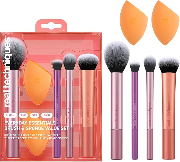 Real Techniques 6 Piece Everyday Essentials Makeup Brush Set, Includes 4 Brushes & 2 Makeup Spong... | Amazon (US)