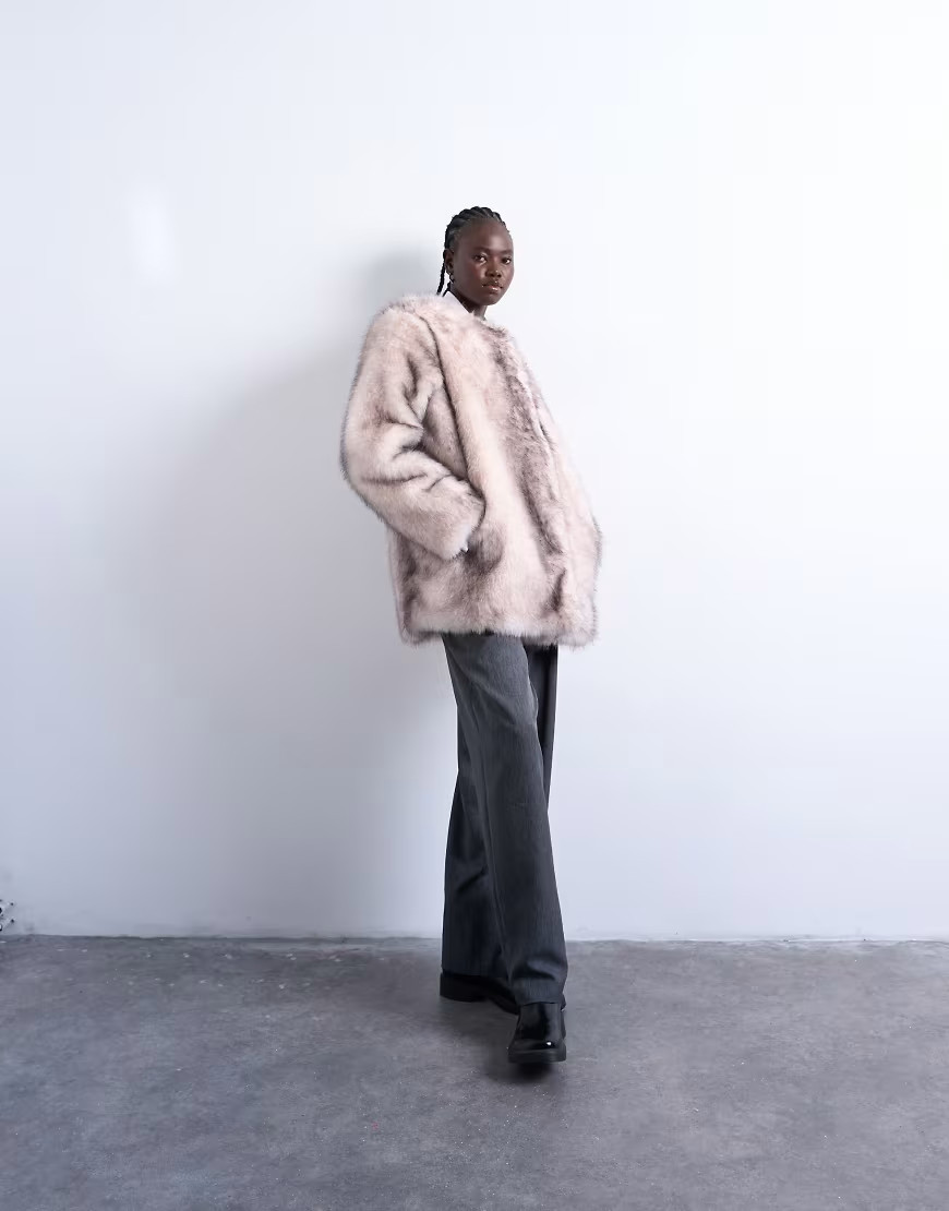 Topshop faux fur collarless mid length coat in white stripe | ASOS (Global)