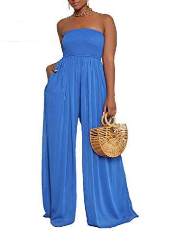 Amazon.com: Ophestin Women's Strapless Tube Wide Leg Jumpsuits Smocked Women Jumpsuits Dressy Cas... | Amazon (US)