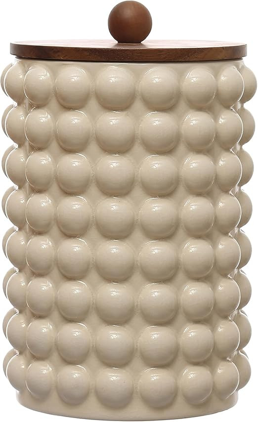 6.75 Inches Round Stoneware Canister with Raised Dots and Acacia Wood Lid, White and Natural | Amazon (US)