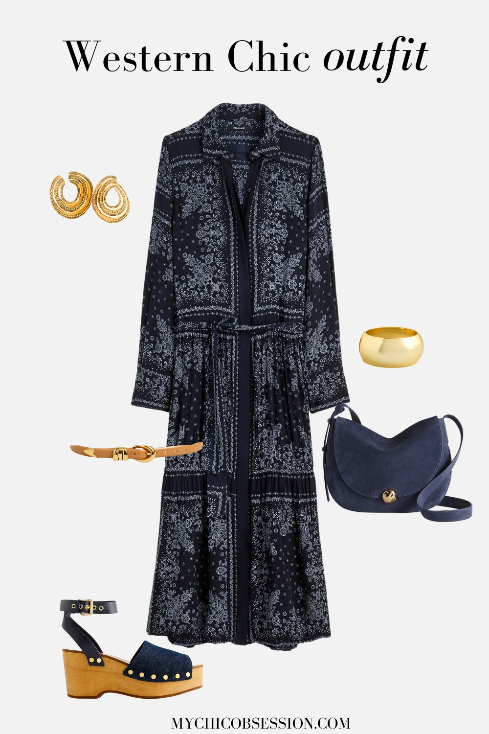 If you aren’t a fan of structured denim looks, go the opposite direction with a flowy midi dress for the Western chic aesthetic. You can create feminine looks with Western style by reaching for black dresses with a floral pattern. They still give off those Western vibes, but in a more subtle way. Floral patterns and paisley fit right in with a Western wardrobe.

Headed to a country concert? Reach for a pair of wedge heels (or boots, if you’re planning on standing for a long time). Then, incorporate another color with a navy suede saddle bag. Finally, add a pop of gold to bring out the metallic belt buckle around your waist. A pair of gold statement earrings and a chunky gold cuff are perfect. 

 #LTKFestival #LTKStyleTip #LTKShoeCrush