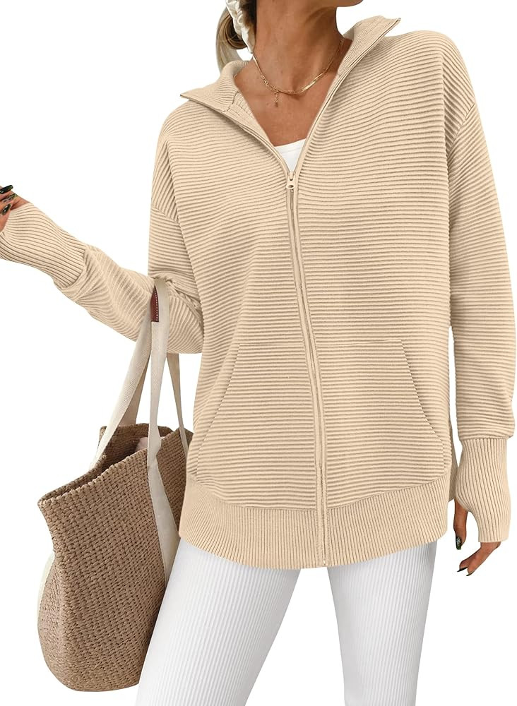PRETTYGARDEN Women Spring 2026 Long Sleeve Zip Up Cardigan Sweaters Casual Loose Collared Ribbed ... | Amazon (US)