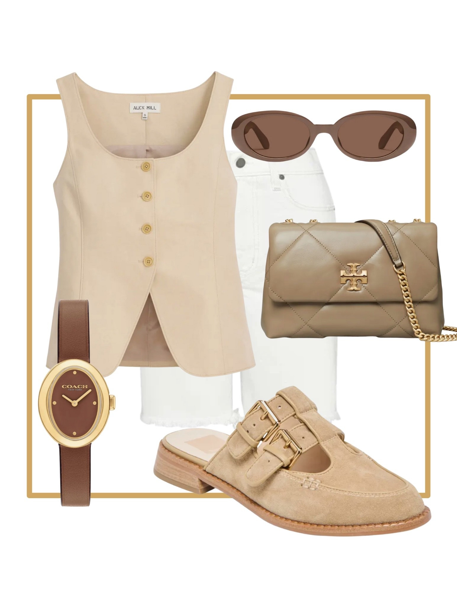 Casual everyday classy office work date outfit. Beige button up vest. White shorts. Beige Maryjane mules. Brown coach watch. Beige Tory Burch handbag purse. Brown sunglasses 

#LTKShoeCrush #LTKItBag #LTKWorkwear