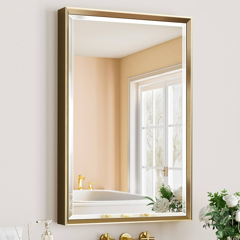 Gold Bathroom Mirror, 24x36 Brushed Gold Bathroom Mirror Beveled Edge, Gold Framed Rectangle Bath... | Amazon (US)