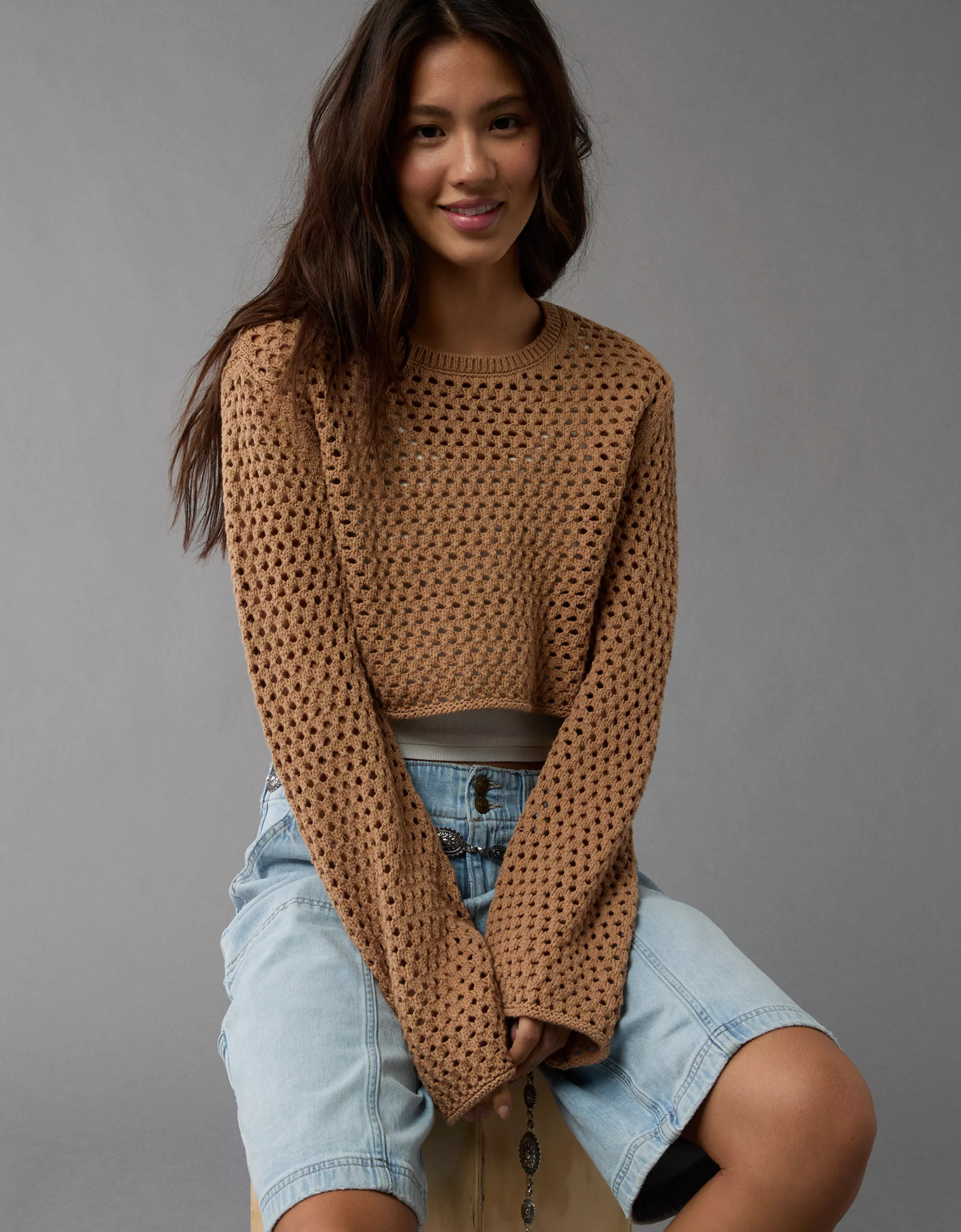 AE Cropped Mesh Pullover Sweater | American Eagle Outfitters (US & CA)