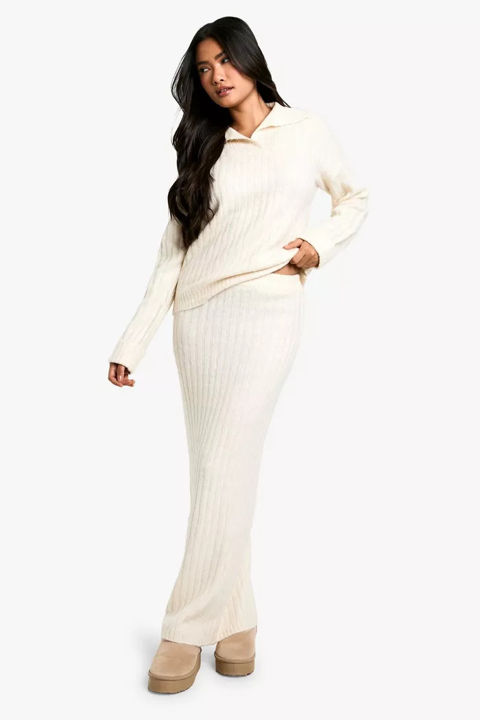 Soft Knit Thick Rib Collar Detail Sweater And Maxi Skirt Set | boohoo (US & Canada)